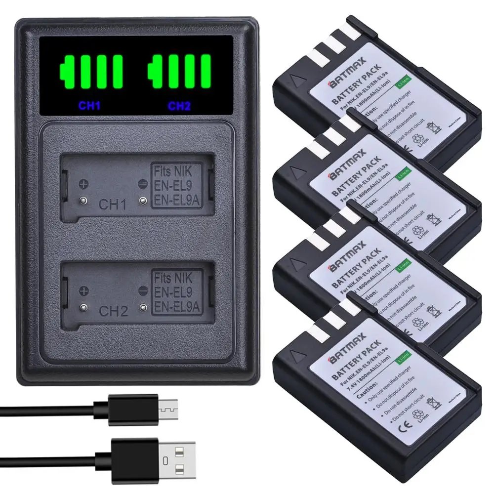 Batmax EN-EL9 EN-EL9a EL9 Battery+LED USB Dual Charger with Type C port for Nikon EN-EL9a D40 D60 D40X D5000 D3000 Camera