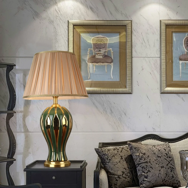OURFENG Luxury Decorative Table Lamp Ceramic LED Creative Bedside Desk Light Brass For Home Study Foyer Office Bed Room