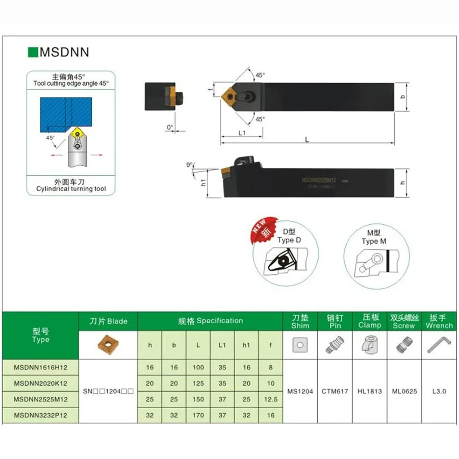 External Turning Tool Holder MSDNN2020K12 MSDNN1616H12 MSDNN2525M12 MSDNN2525M15 CNC Lathe Cutting Arbor SNMG1204 Carbide Insert