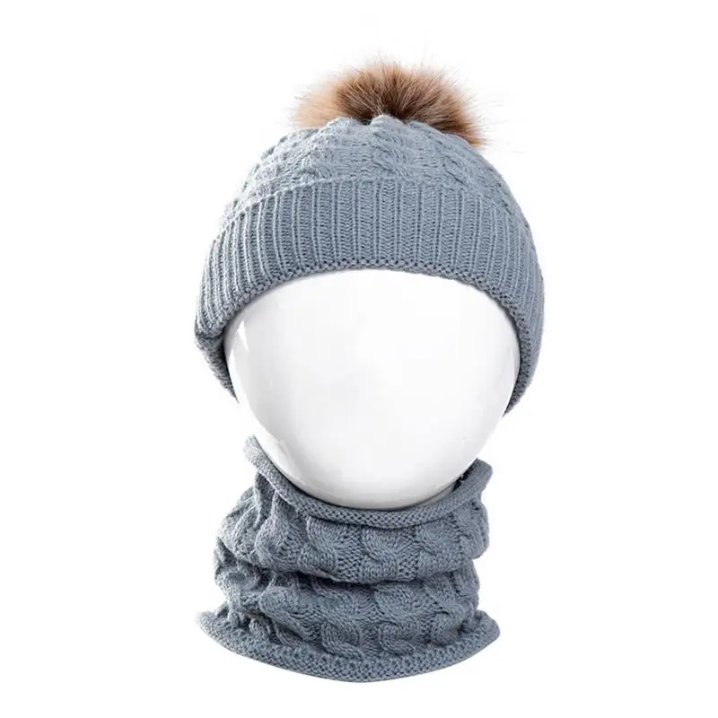 Chapeau avec pompon chaud pour enfants, 1 pièce, décoration en boule, coupe-vent, tricot d\'hiver, bonnet avec écharpe pour le cou, accessoires pour