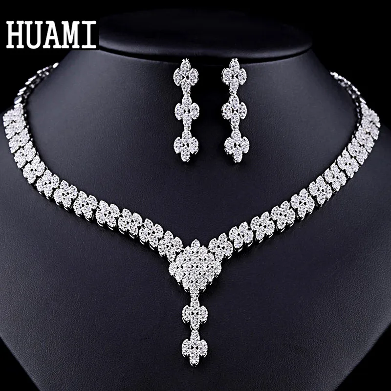 HUAMI Cute Classic Bowknot Earrings and Necklace Sets for Women Wedding Bridal Fine Jewelry Banquet Dress Silver Color Zircon