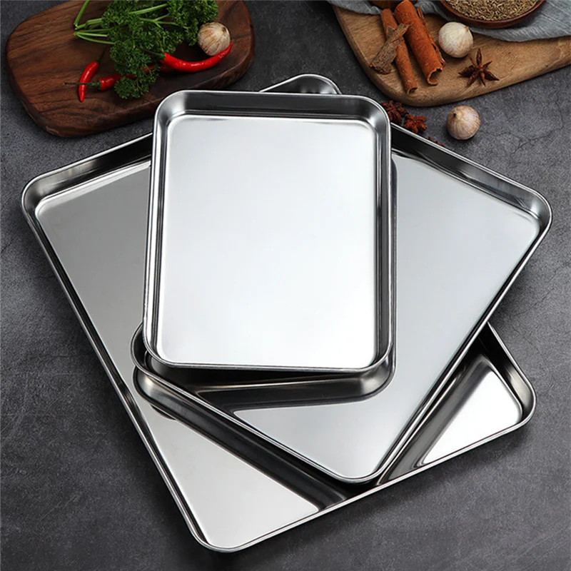 Stainless Steel Thick Food Storage Trays Rectangle Steamed Sausage Dish Restaurant Bread Fruit Plate Kitchen Utensils