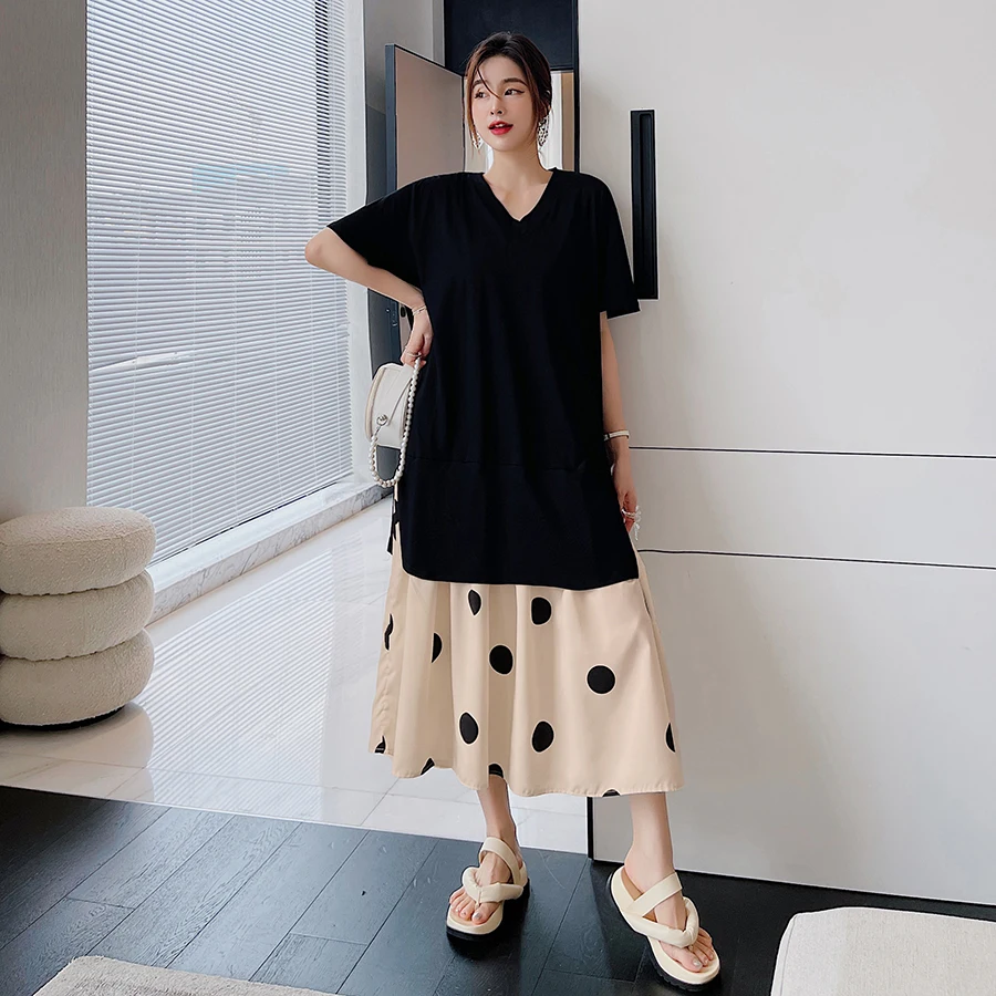 NYFS 2024 Summer New Korea Loose Woman Dress Vestidos Robe Elbise Fashion Cotton Patchwork Big Wave Point Fake Two Pieces Dress