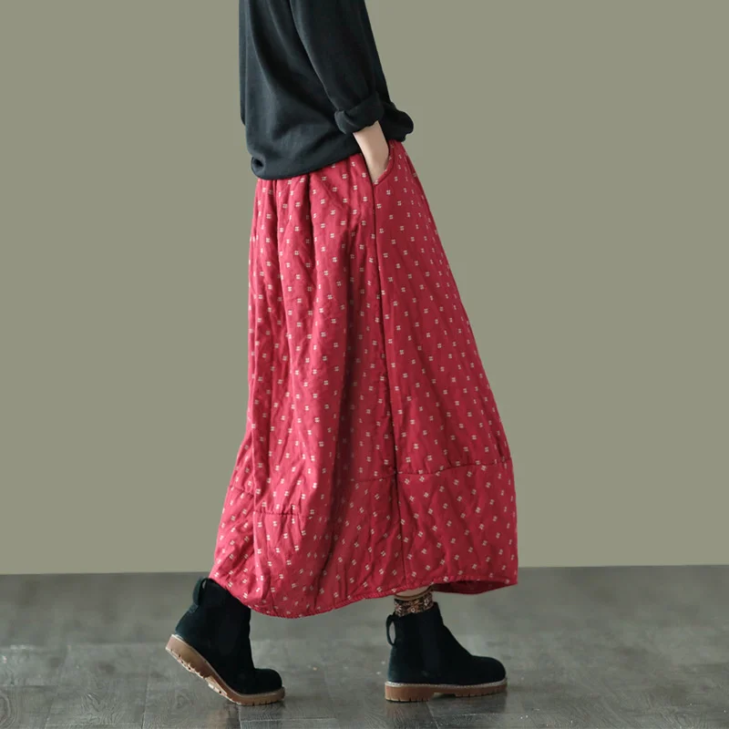 NINI WONDERLAND 2023 Autumn Winter Print Cotton Skirt Women Elastic Waist Thick Warm Long Skirts Female Loose Vintage Skirt