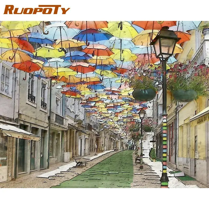 

RUOPOTY 60x75cm DIY Frame Painting By Numbers For Adult Umbrella Street Landscape Paint By Numbers Kits Home Decoration Diy Gift