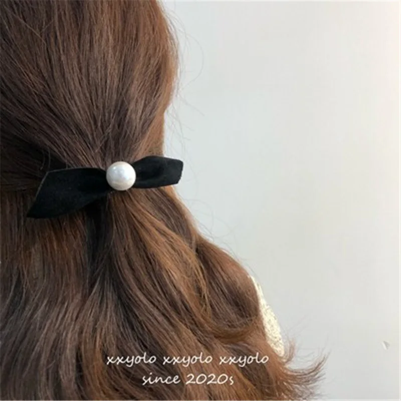 Retro South Korea Ins Internet Celebrity Minimalist Wind Temperament Black Pearl Bow Barrettes Side Clip Hairpin