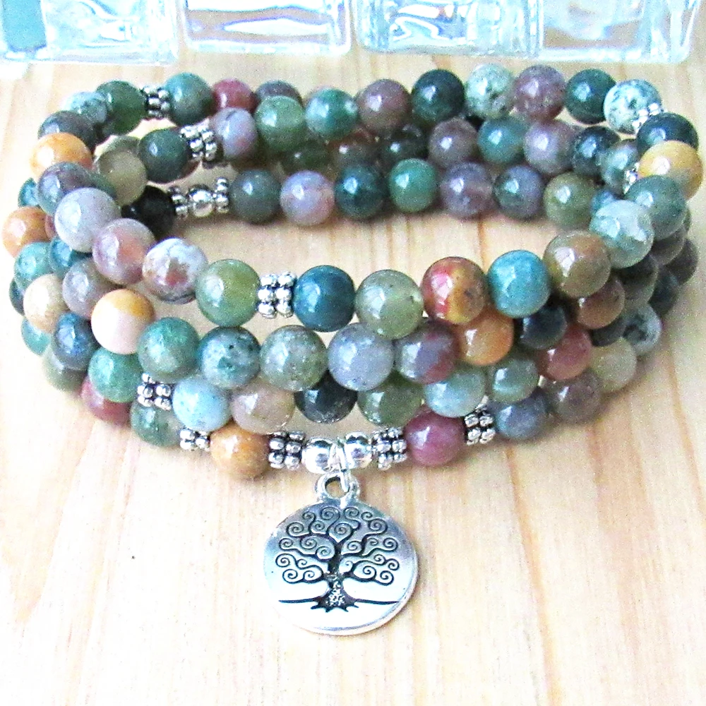 

Wholesale 8 mm Indian Agate 108 Mala Bracelet Natural Mala Beads Bracelet Tree of life Charm Heart Chakra Bracelet