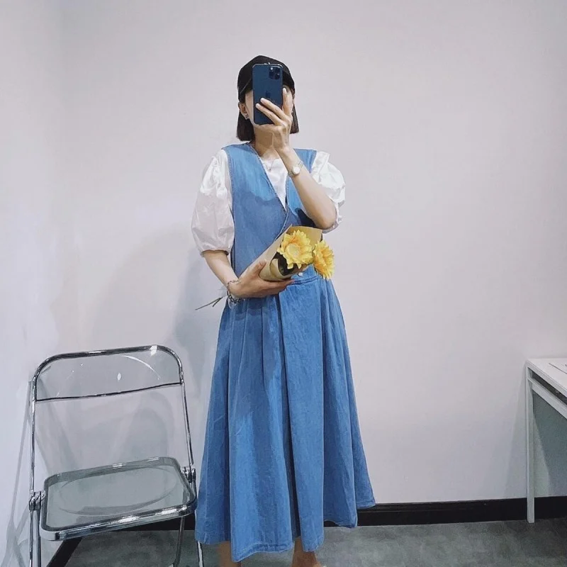 Vintage Women Summer Mid Calf Long Denim Dress Sleeveless V Neck Sundress Casual Ladies Loose Fit Double Breasted Harajuku Dress