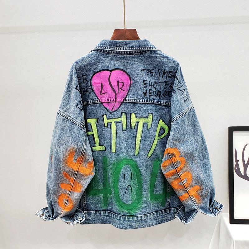 Autumn Fashion Women Letters Graffiti Print Harajuku Frayed Casual Denim jacket Chaqueta Mujer Casual Female coats Streetwear