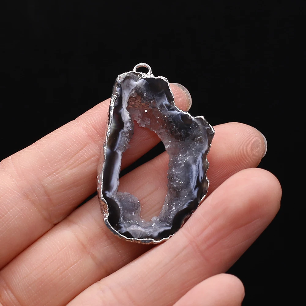 Natural Druzys Stone Pendant Charms Plating Silver Agates Stone Pendant for Making DIY Jewerly Necklace 25x30-35x40mm