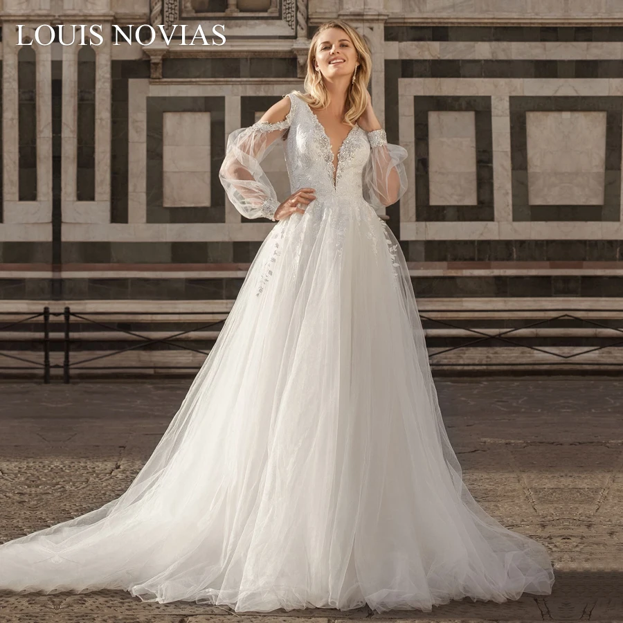 LOUIS NOVIAS Long Sleeve Wedding Dress A-Line Wedding Dress Beach Sweep Brush Train Appliques Chiffon with Embroidery Ball Gown