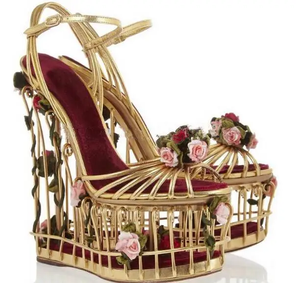 Woman Gold 3D Flower Embellished Cut-outs Bird Cage Wedges Sandals Female Thick Platform Strange Fretwork Heels Runway Shoes