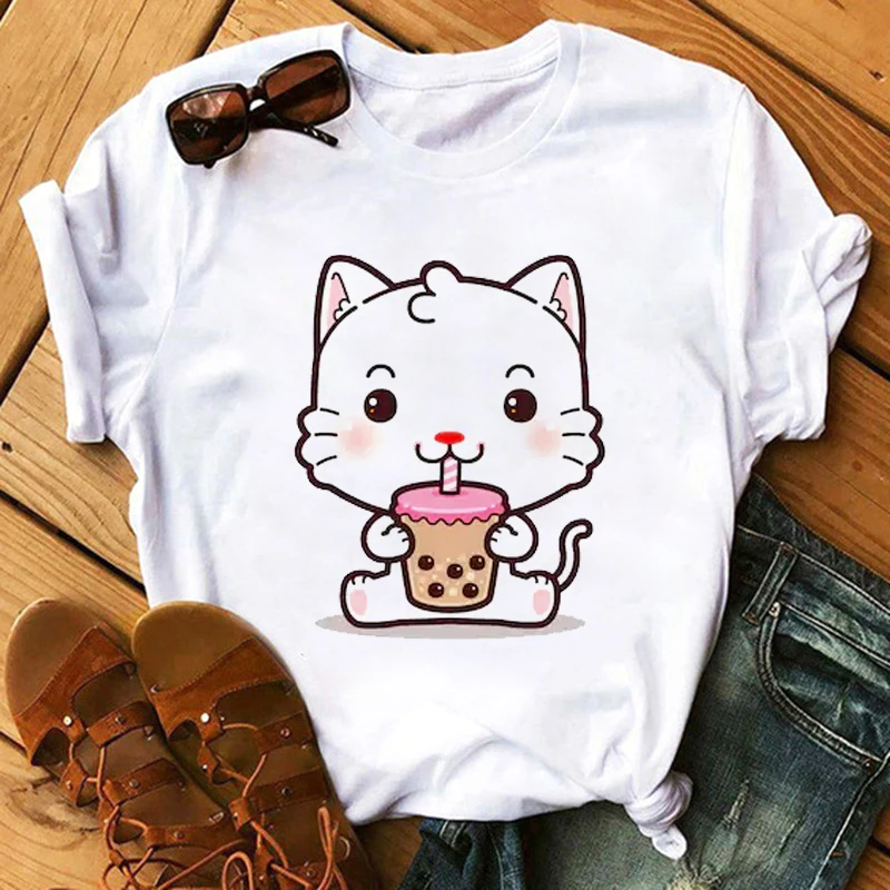 

Cute Cat T Shirts Women Streetwear Panda Graphic Tees Fashion Milk Tea Printed Women Tops Funny Vintage Casual Female Tshirt