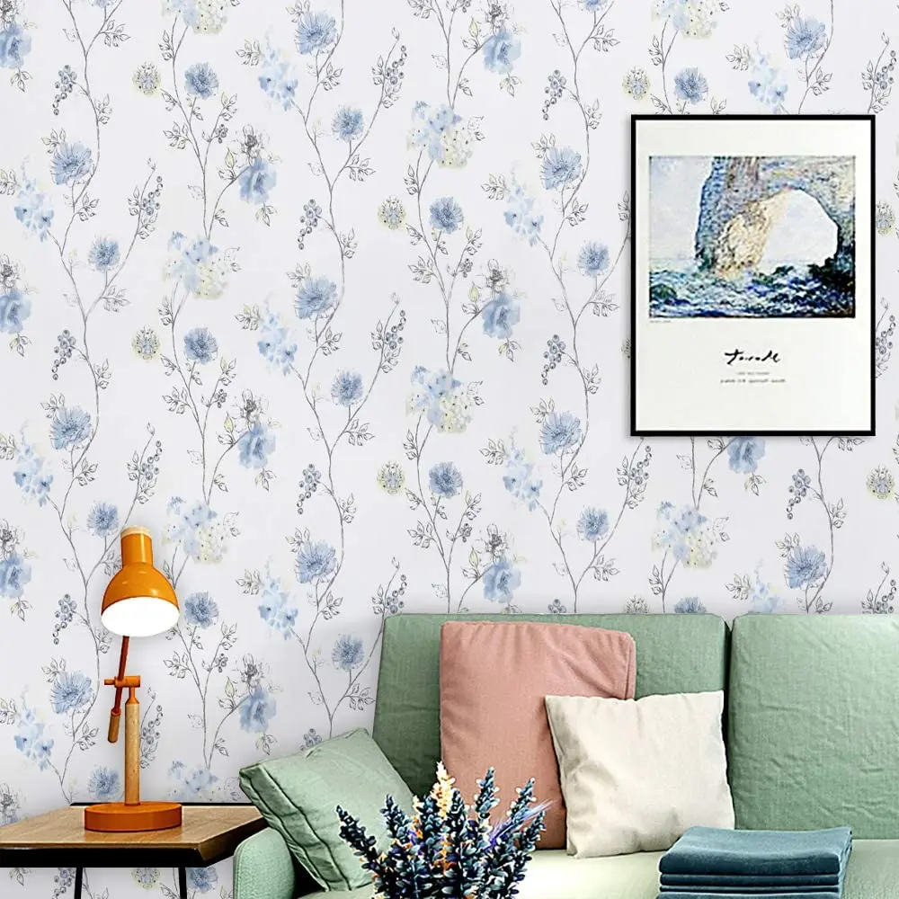 HaoHome Blue Floral Wallpaper Modern Floral Peel and Stick Wallpaper Self-Adhesive Waterproof Removable Contact Paper