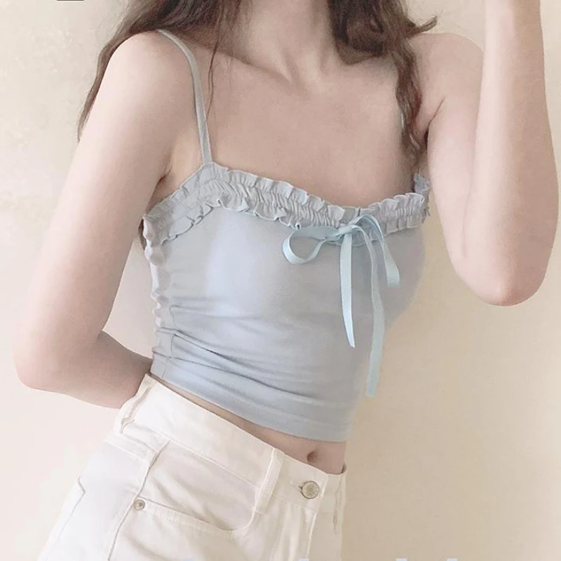 Camisole Womens Summer Elegant All-match Simple New Chic Sexy Female Vintage Soft Bow Japanese Style Solid Daily Fashion Leisure