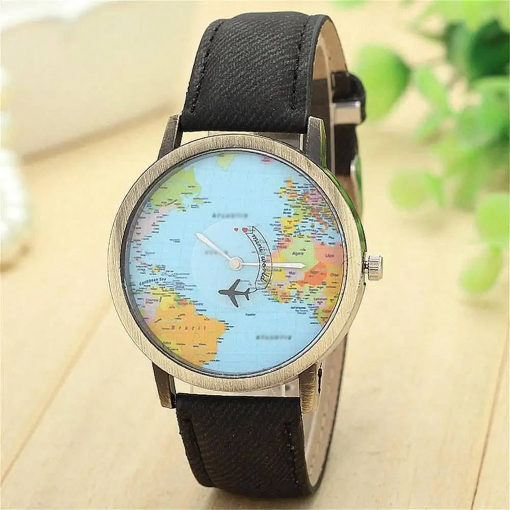 Hot Denim Band Vliegtuig Wereldkaart Dial Analoge Quartz Fashion Mannen Vrouwen Polshorloge Gift