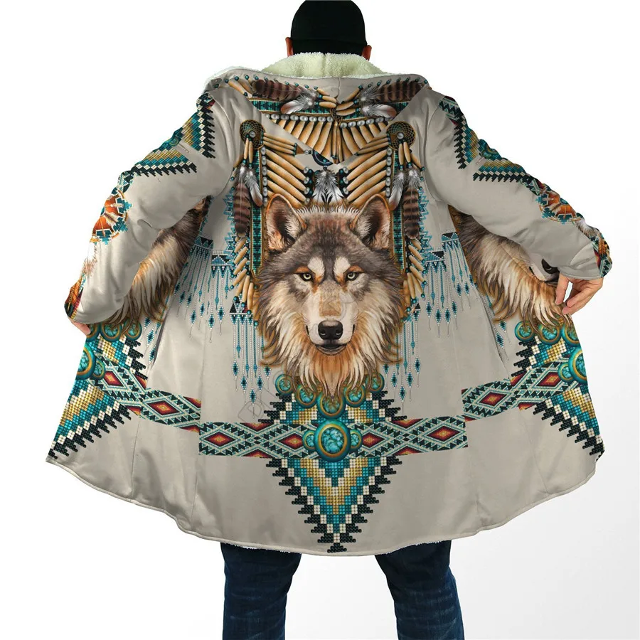 

Winter Men For Women Hooded Cloak Native Spirit Wolf 3D All Over Prined Fleece wind breaker Warm Hood Cloak