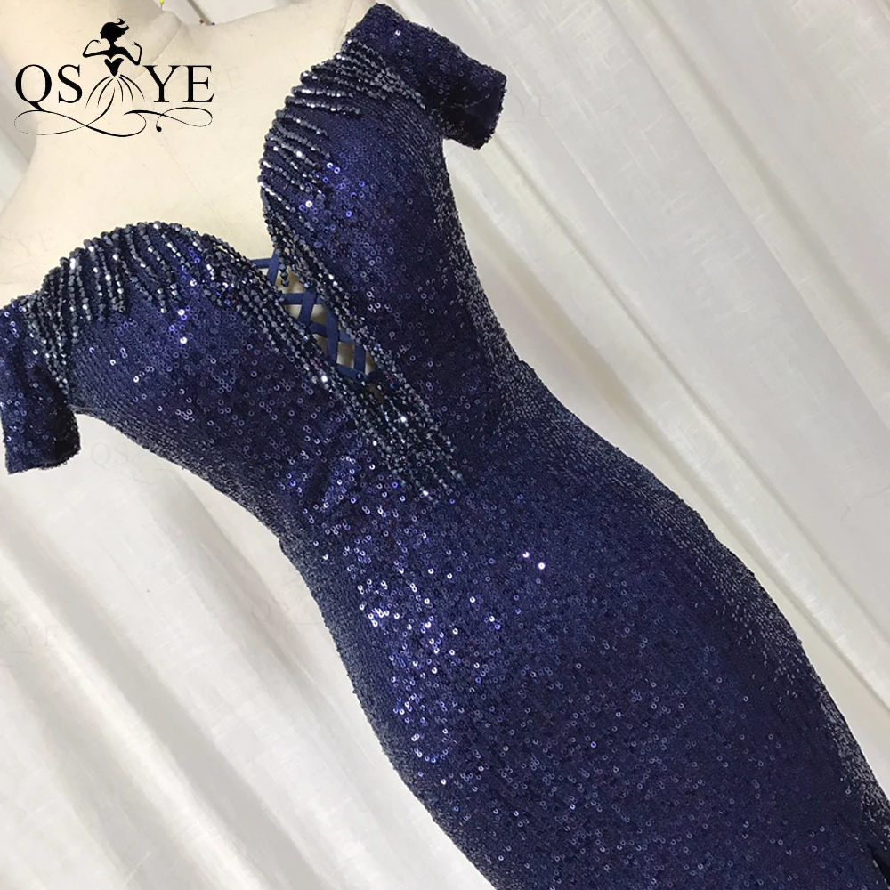 QSYYE – robe de soirée de forme sirène en paillettes bleu marine, épaules dénudées, longue, manches latérales, Sexy, élégante, avec perles