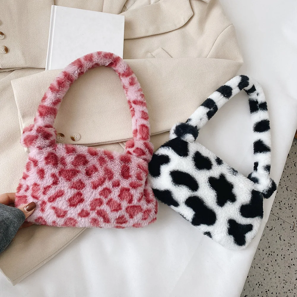 Moda kobiety nadruk z krową Mini na ramię torby kobieta zima pluszowe pod pachami torby Leopard wzór zebry puszyste duże torba z rączkami małe