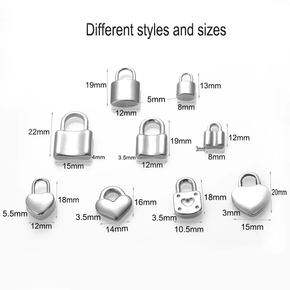 5pcs/lot Lock Pendants Charms Padlock with Heart Charms for diy necklace pendant Stainless Steel charms jewelry makings 7 Sizes