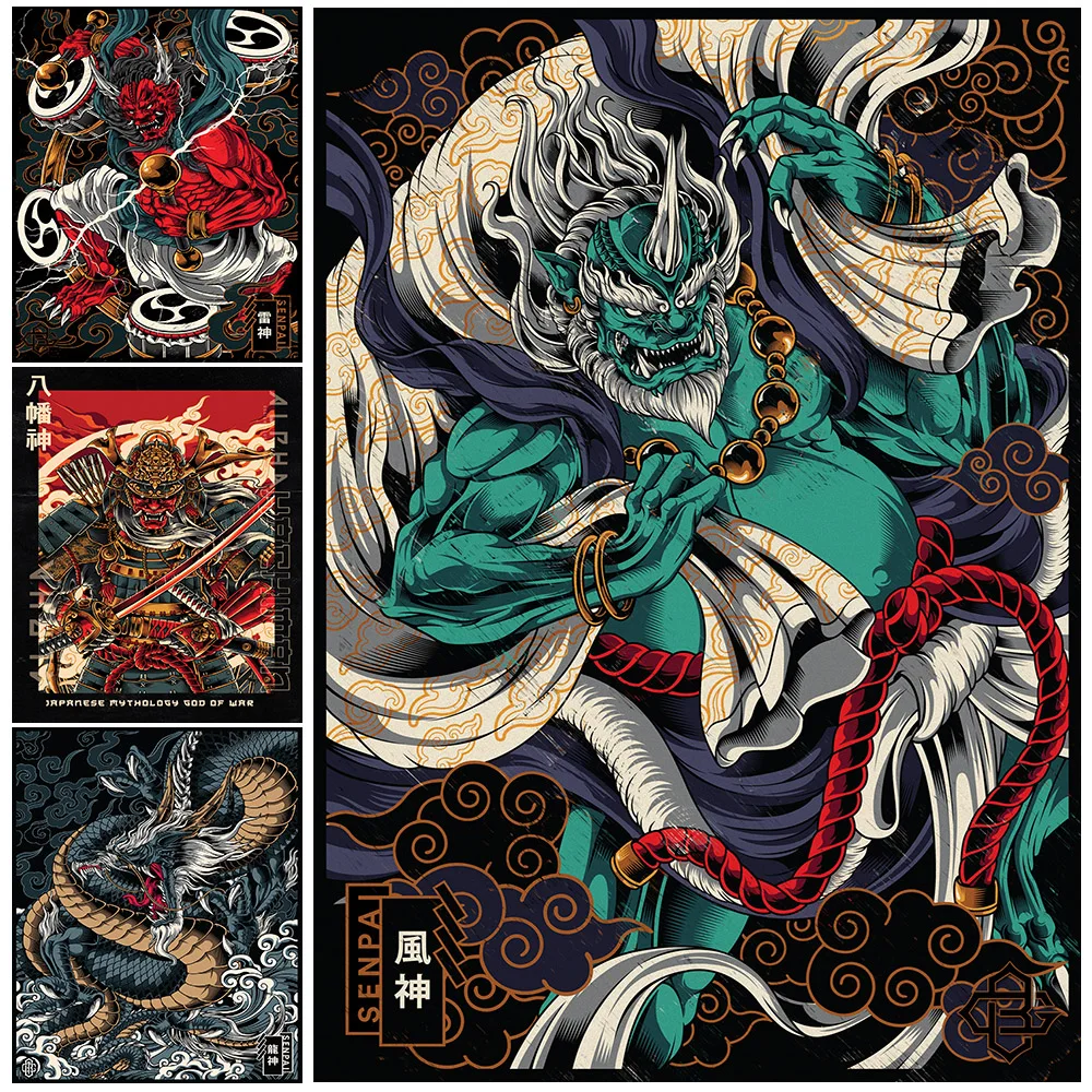 Thor,Wind God,Dragon God,Hachiman,Asian Gods Wall Art Canvas Painting For Living Room Decoration Poster And Print Unframed