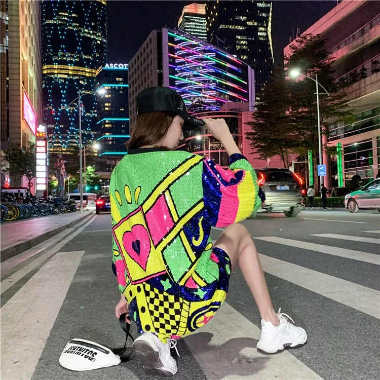 Summer Short Sleeved Geometric Print T-Shirt Women's Clothing Sequins New Loose Night Club Hip Hop Streetwear Female Tops