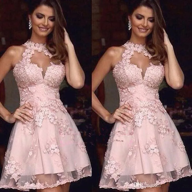 Vestido de fiesta Illusion sukienki na powrót do domu krótka, koronkowa tiulowa suknia na bal maturalny Mini różowa suknia wieczorowa Sweetheart