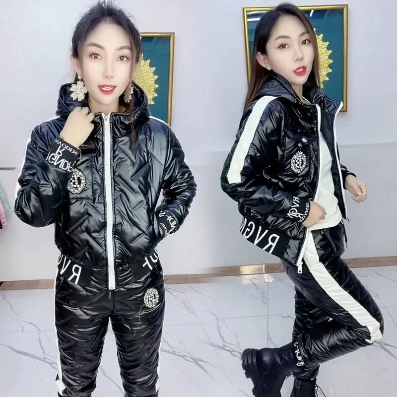 Winter Korean Glossy Parka Women Suit Oversized 6Xl 5Xl Two Piece Set Casual Hooded Cotton Padded Short Coat + Thicken Pant Sets