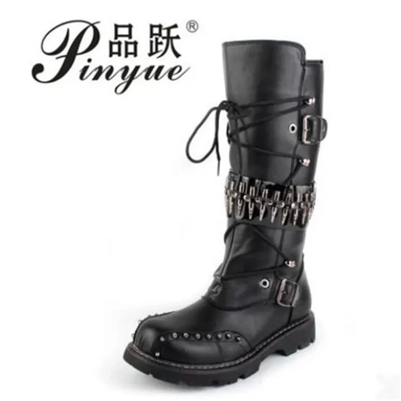 

punk Over Knee High Boots Mens Military Boots Natural Cow Leather Men Long Waterproof Snowboots Equestrian Motocycle Boots