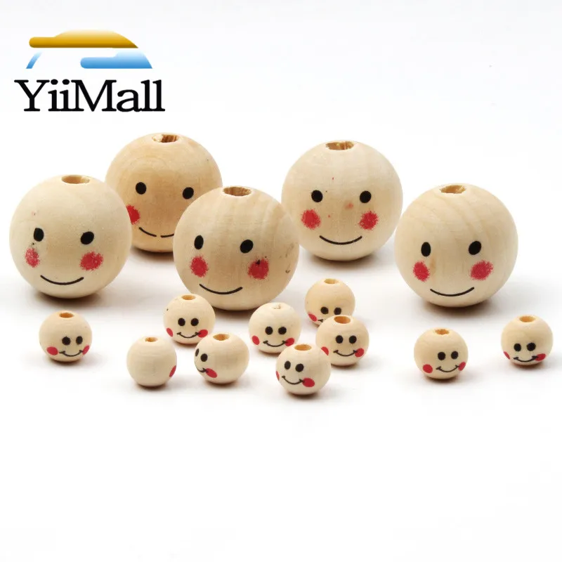 5-20pcs Natural Wooden Round Beads 12/20/25mm Smile Loose Balls Spacer Beads For Jewelry Making Bracelet DIY Necklace Accessorie