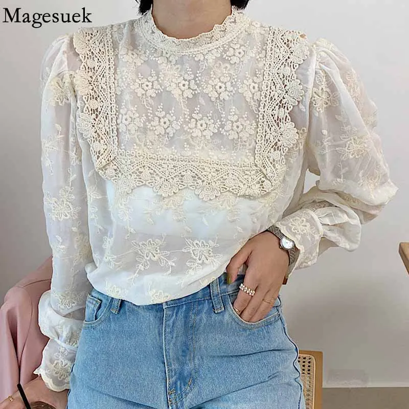 

Vintage Hollow Flower Stand Collar Shirt Korean Fashion Sweet Lace Blouse Women Loose Women's Long Sleeve Top Blusas Mujer 16799