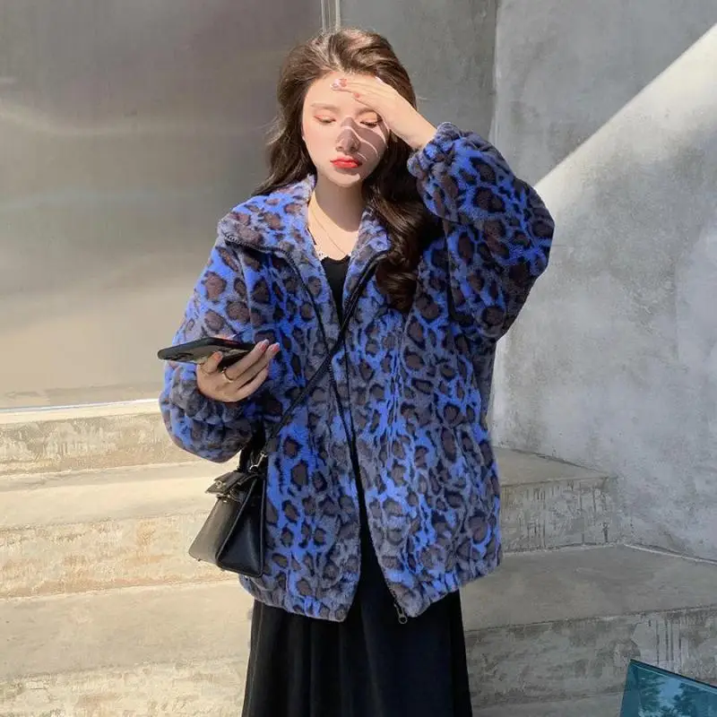 New Usa Style Faux Fur Winter Lady Sweatshirt Zipper Women Keep Warm Clothes Harajuku Leopard Zipper Blue Keep Warm Coat Female