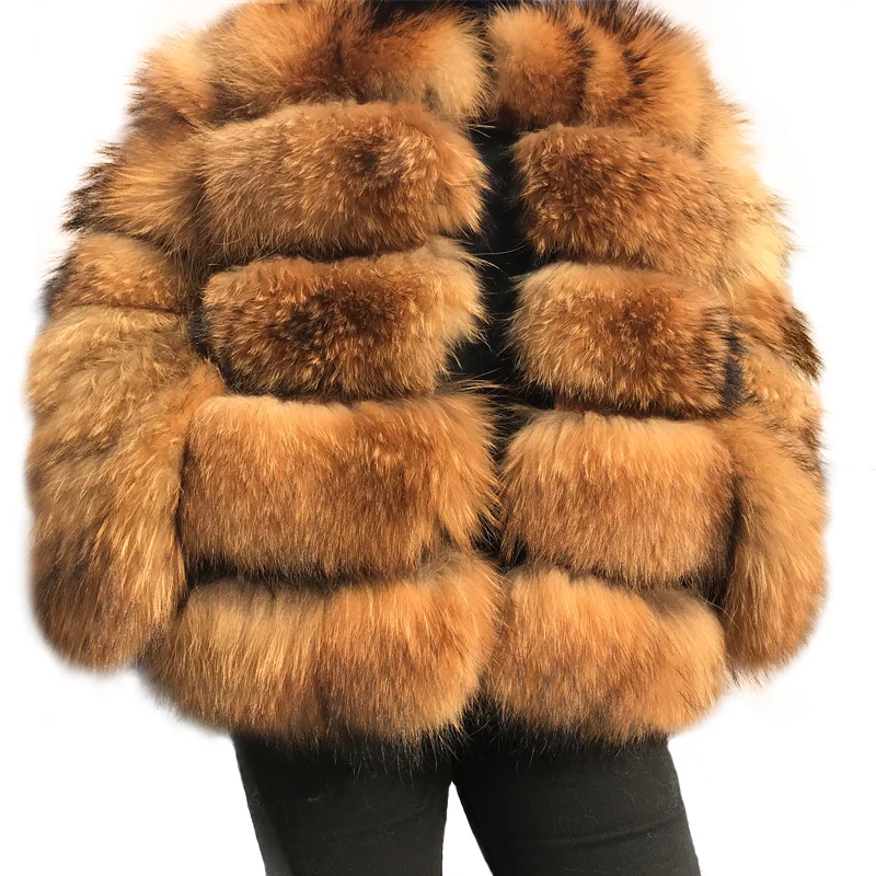 

Jxwatcher Real Raccoon Fur Jacket Women Winter New Fashion Genuine Leather Full Sleeve Stripes Female Natural Raccoon Fur Coat