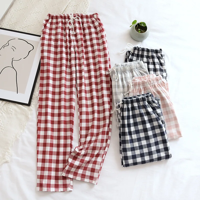 Men and Women Japanese Simple Plaid Sleep Bottoms Spring/Autumn Knitted Cotton Casual Trousers Thin Loose Couple Home Pants 2021