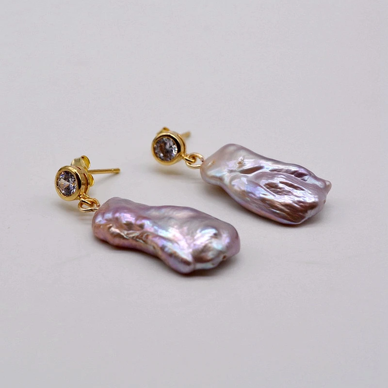 Real Baroque Earrings Rectangle Purple Natural Freshwater Pearl Cubic Zirconia Gold Plated Women Earrings Fashion Jewelry