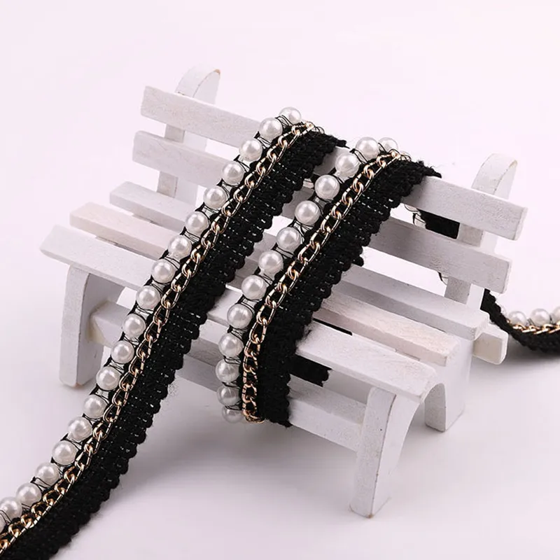 Fashion Embroidery Pearl Chain Lace Fabric Ribbon Trim DIY Clothes Bag Curtain Sewing Garment Accessories