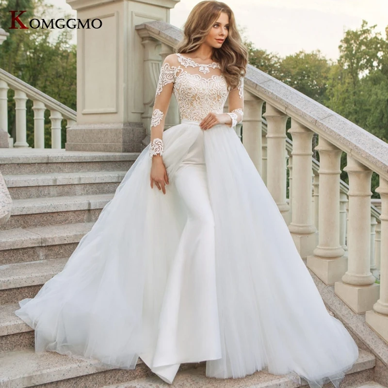 

Elegant O-Neck Full Sleeve Mermaid Lace Wedding Dress Luxury Embroidery Appliques Tulle Detachable Train 2 in 1 Bridal Gown