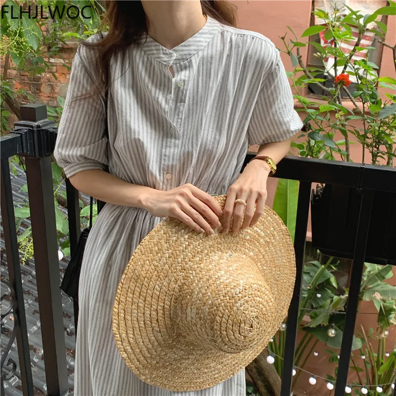 Chic Korea Feminine Vestidos Fashion Women Japan Korea Style Single Breasted Button Striped Long Shirt Dress