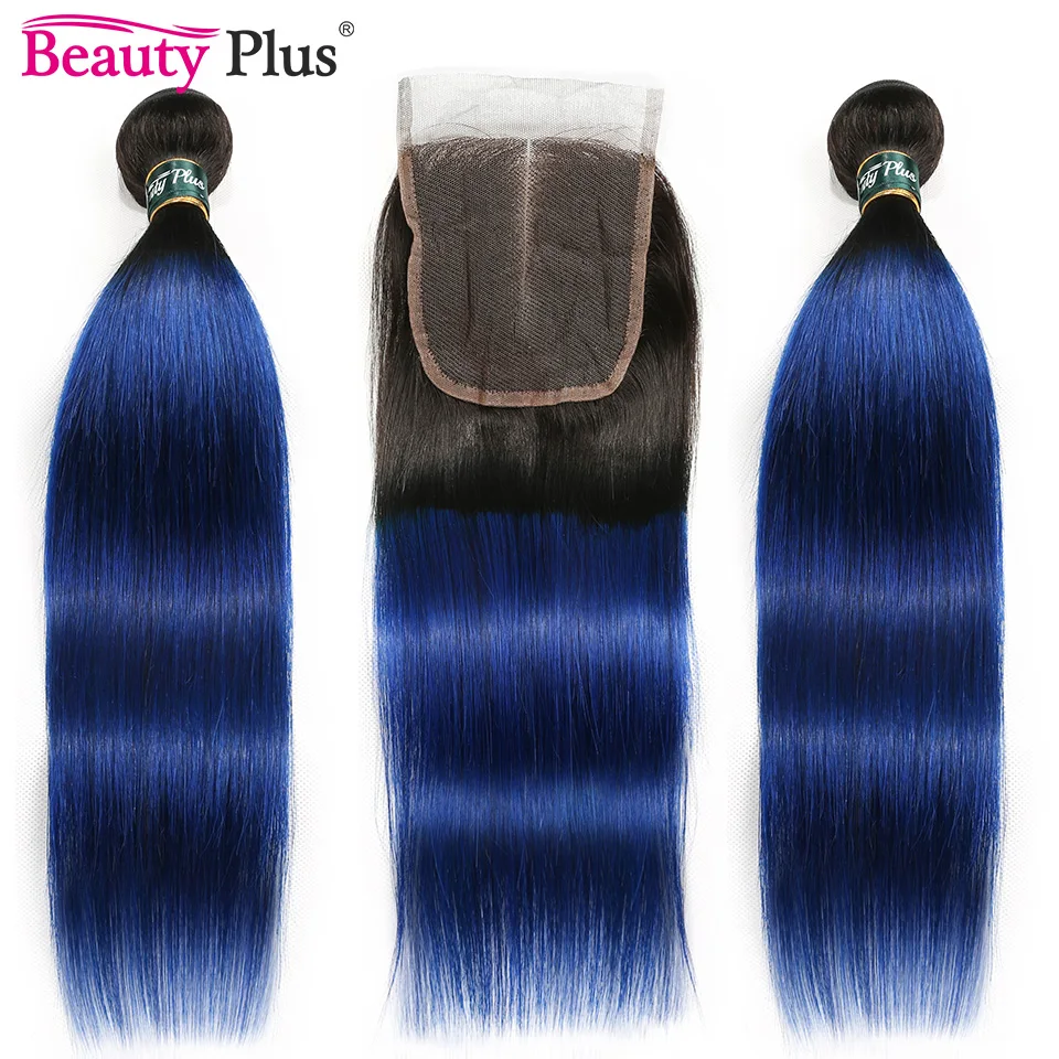 Fasci Ombre con chiusura capelli umani lisci peruviani Weave Beauty Plus Remy blu verde rosa biondo 2 fasci con chiusura