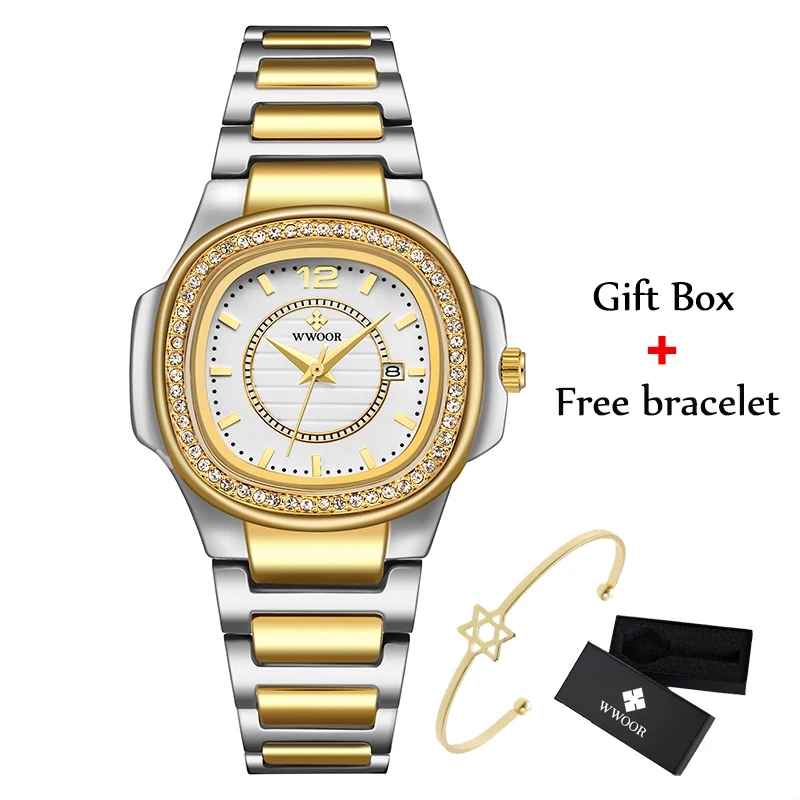 WWOOR Women Watches 2024 Fashion Diamond Bracelet Watch Luxury Brand Gold Ladies Quartz Wrist Watch Gifts For Women Montre Femme