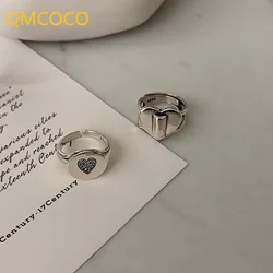 QMCOCO Silver Color Love Heart-Shape Ring For Woman Simple Fashion Retro Romantic Handmade Jewelry Birthday Couple Gifts