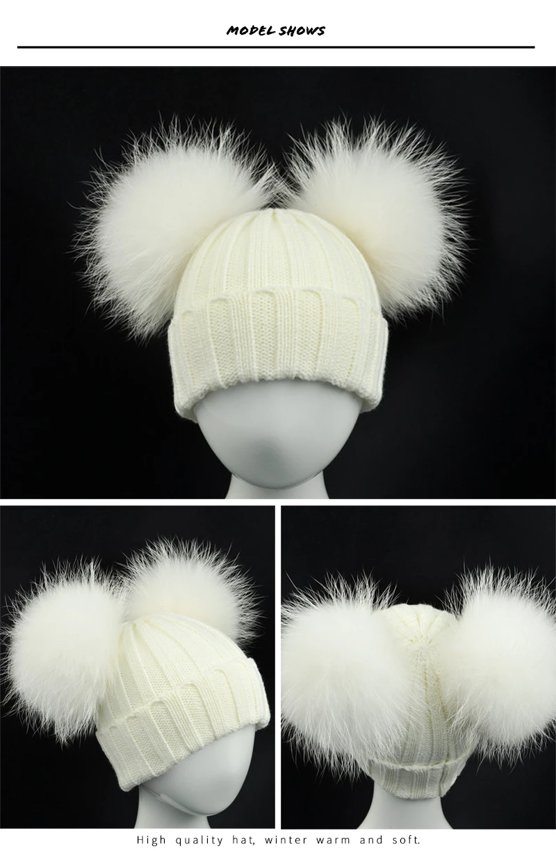 JX Watcher Winter Doppel Echtpelz Pom Pom Hut für Kinder Baby Strick mützen mit zwei Pelz Pompons Jungen Mädchen hochwertige Mütze Mütze – Detail 35