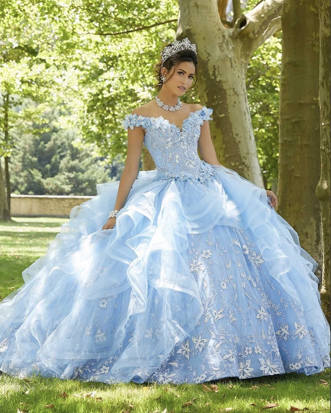 CloverBridal 2021 Gaun Quinceanera Bunga Romantis Biru Muda Quinceañera De 15 Gaun Pesta Ulang Tahun Cinderella WQ9799