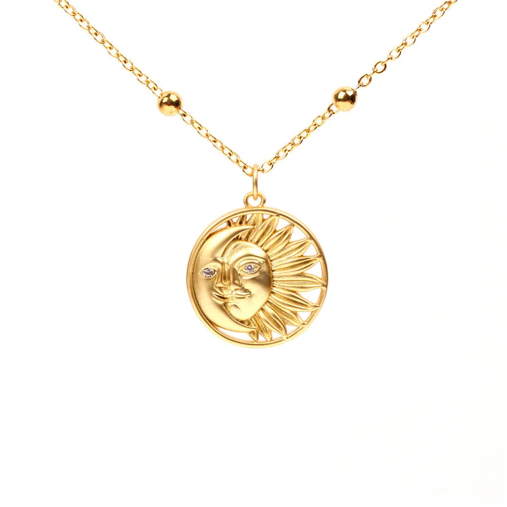 WT-MN962 Wholesale High Quality Gold Color Symble Sun Moon Necklace Fashion Simple Matte Metal Sun Decorated For Lady