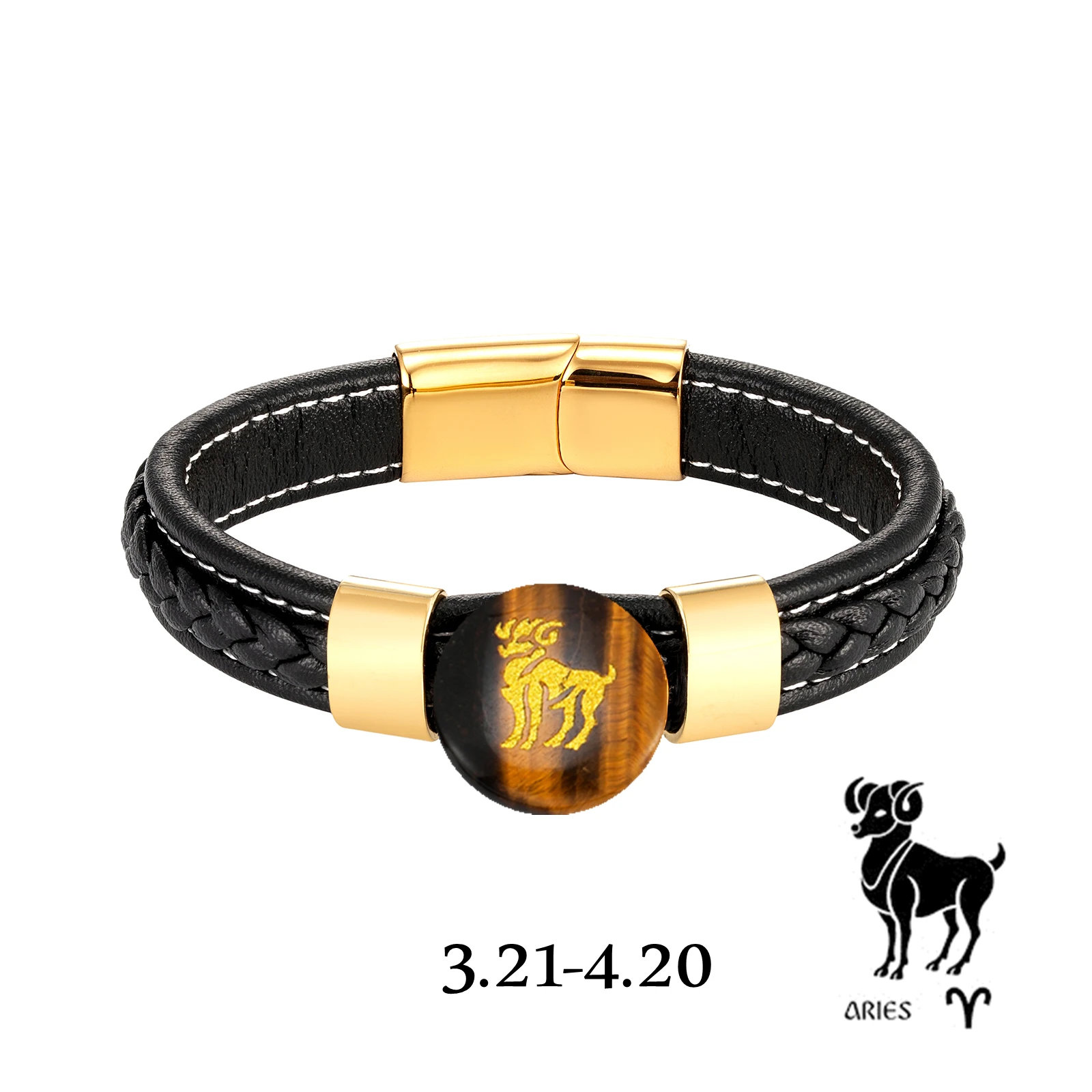 Occhio di tigre naturale 12 costellazione intagliata in oro placcato gioielli Vintage bracciale classico da uomo in corda di pelle in acciaio inossidabile 316L