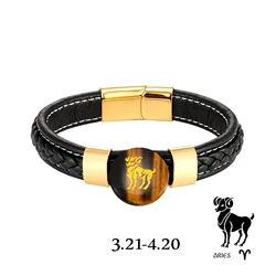 Natural Tiger's Eye 12 Constellation Carved Gold Plated Vintage Jewelry Men's 316L Stainless Steel Leather Rope Classic Bracelet