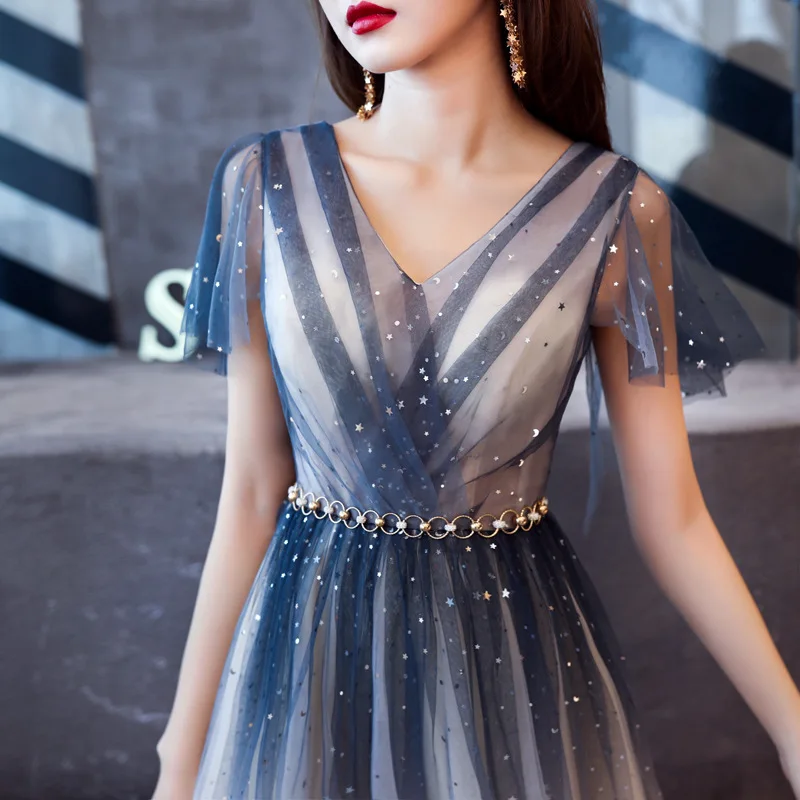 

Blue Gradient Starry Sky V-neck Sleeveless Party-dress Evening Dress Banquet Celebrity Formal Host Noble Daily Wear