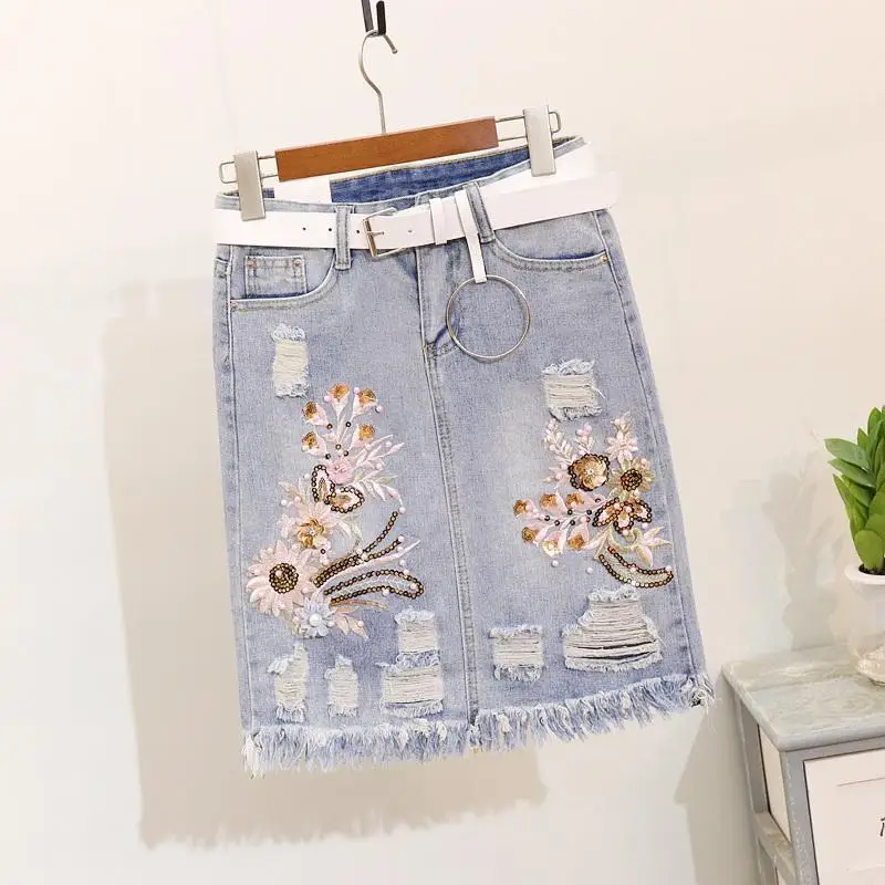 Summer Beading Women Sets Sequins Embroidery 3D Flower Short Sleeve T Shirt And Hole Jeans Skirt 2pcs Female Skirt Suits 3XL 692