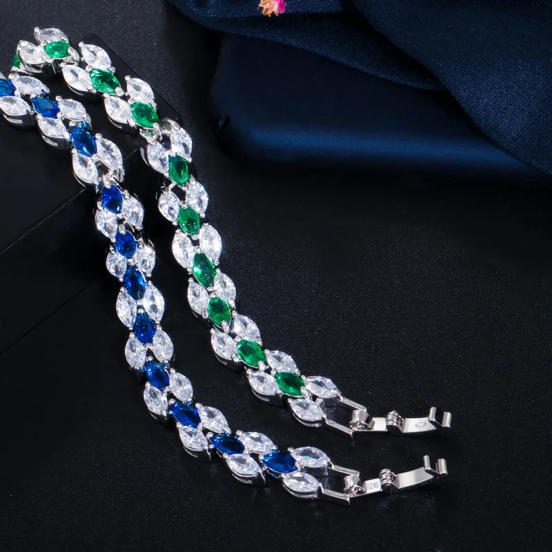 CWWZircons Stunning Cubic Zirconia Bridal Wedding Jewelry Silver Color Blue Crystal CZ Bracelet for Bridesmaid Gift  CB026