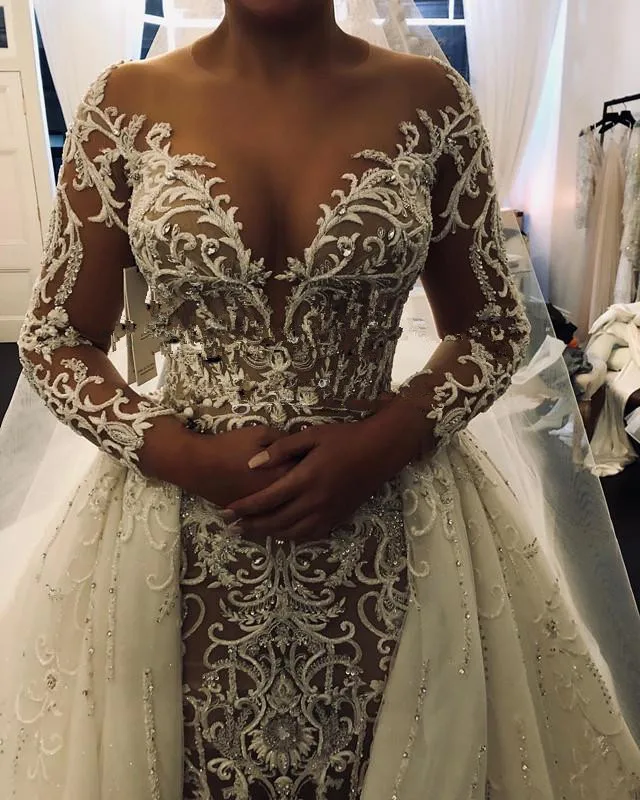 Middle East Mermaid Wedding Dresses with Detachable Train Plus Size Sheer Long Sleeves Lace Applique African Wedding Gowns